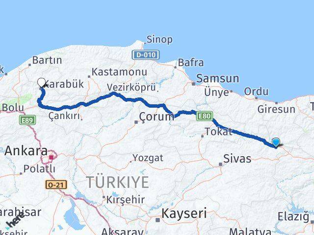 Sivas Akıncılar Karabük Arası Kaç Km - Yol Haritası