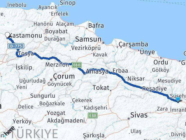 Sivas Akıncılar Kastamonu Arası Kaç Km - Yol Haritası