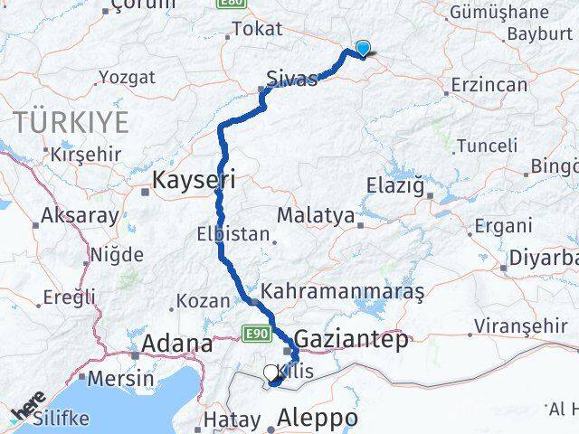 Sivas Akıncılar Kilis Arası Kaç Km - Yol Haritası
