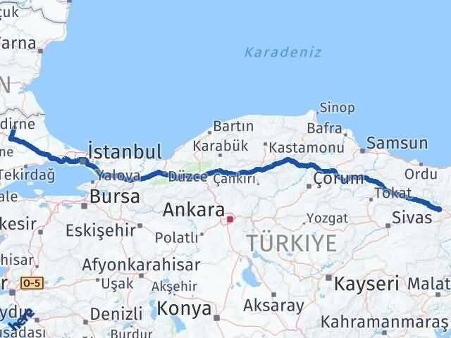 Sivas Akıncılar Kırklareli Arası Kaç Km - Yol Haritası
