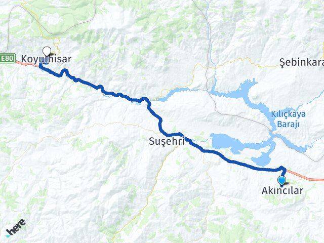Sivas Akıncılar Koyulhisar Arası Kaç Km - Yol Haritası