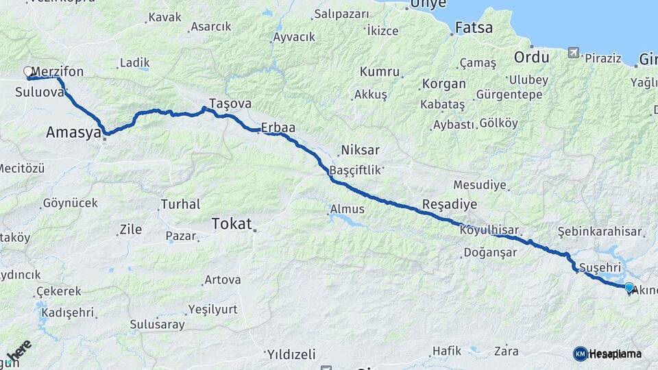 Sivas Akıncılar Merzifon Amasya Arası Kaç Km - Yol Haritası