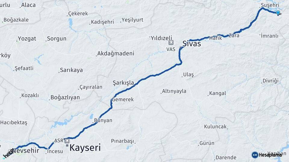 Sivas Akıncılar Nevşehir Arası Kaç Km - Yol Haritası