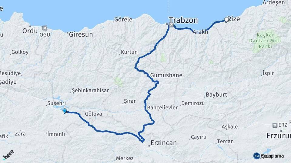 Sivas Akıncılar Rize Arası Kaç Km - Yol Haritası