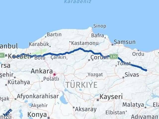 Sivas Akıncılar Sakarya Arası Kaç Km - Yol Haritası
