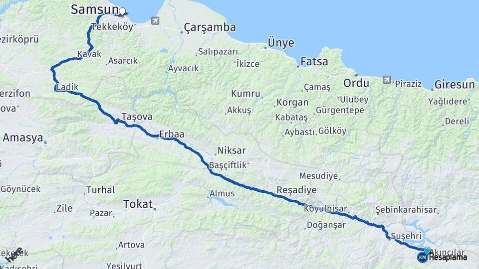 Sivas Akıncılar Samsun Arası Kaç Km - Yol Haritası
