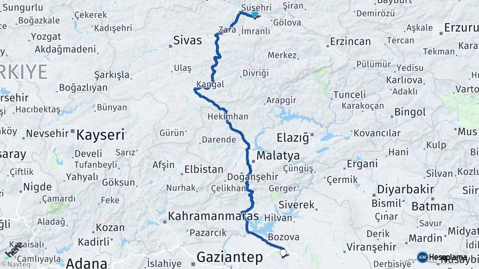 Sivas Akıncılar Şanlıurfa Arası Kaç Km - Yol Haritası