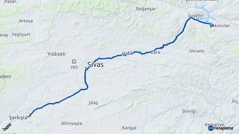 Sivas Akıncılar Şarkışla Arası Kaç Km - Yol Haritası