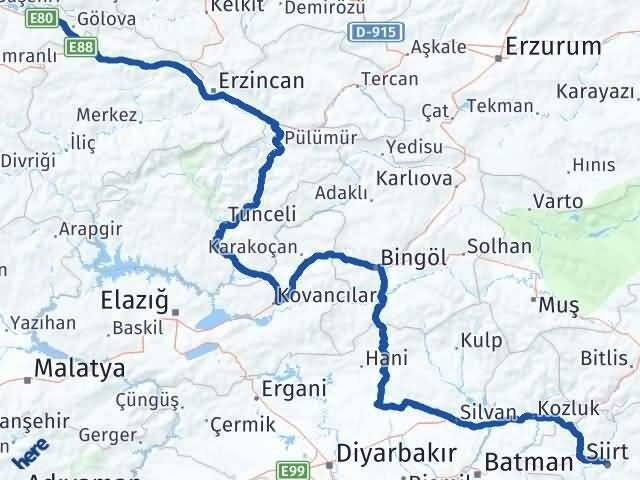 Sivas Akıncılar Siirt Arası Kaç Km - Yol Haritası