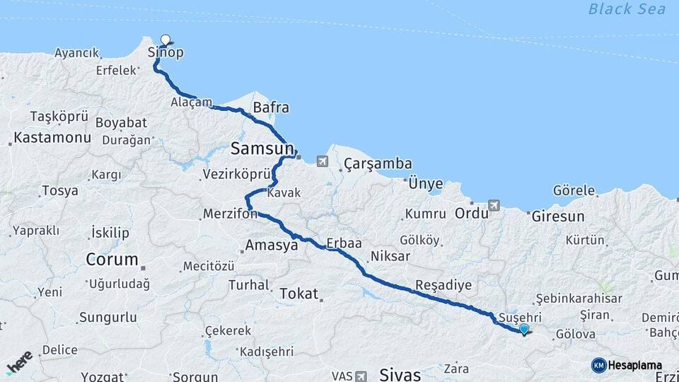 Sivas Akıncılar Sinop Arası Kaç Km - Yol Haritası