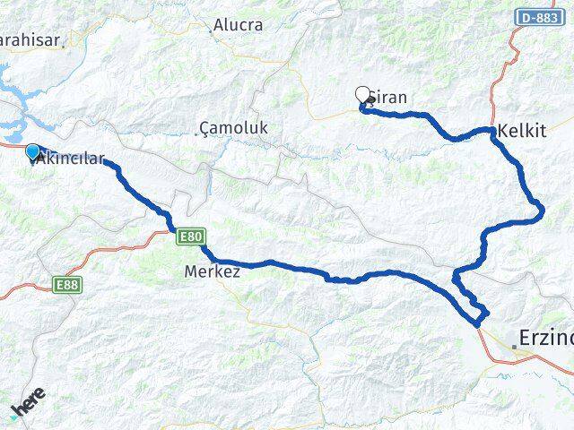 Sivas Akıncılar Şiran Gümüşhane Arası Kaç Km - Yol Haritası