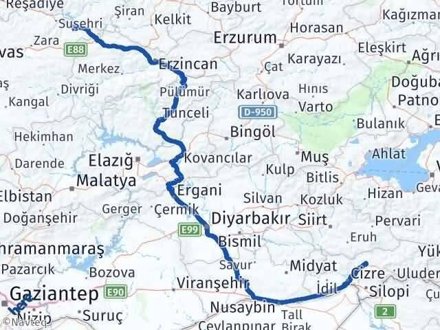 Sivas Akıncılar Şırnak Arası Kaç Km - Yol Haritası