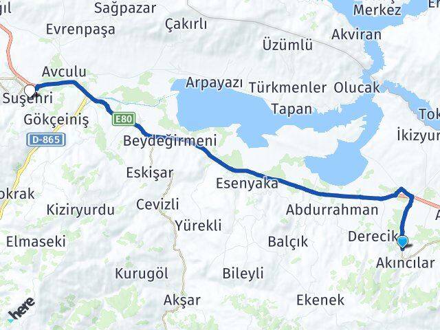 Sivas Akıncılar Suşehri Arası Kaç Km - Yol Haritası