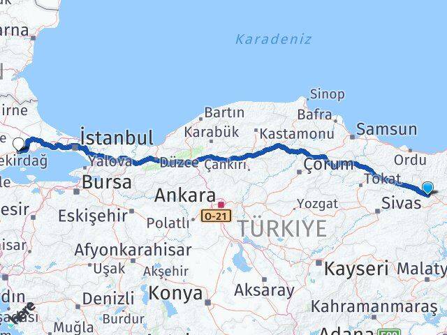Sivas Akıncılar Tekirdağ Arası Kaç Km - Yol Haritası