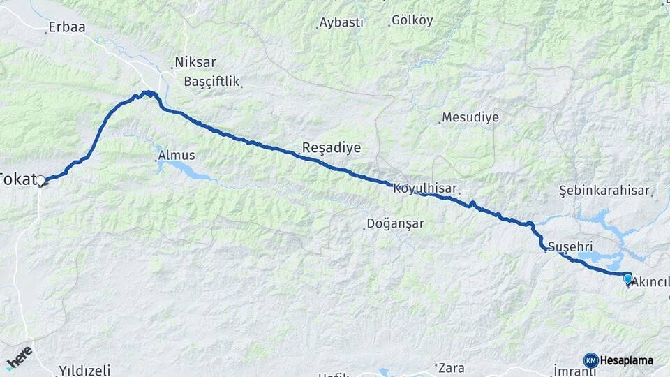 Sivas Akıncılar Tokat Arası Kaç Km - Yol Haritası