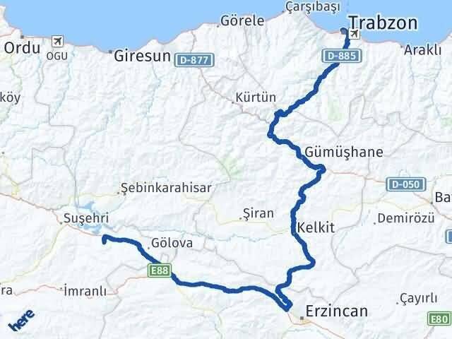 Sivas Akıncılar Trabzon Arası Kaç Km - Yol Haritası