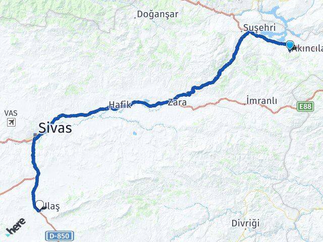 Sivas Akıncılar Ulaş Arası Kaç Km - Yol Haritası
