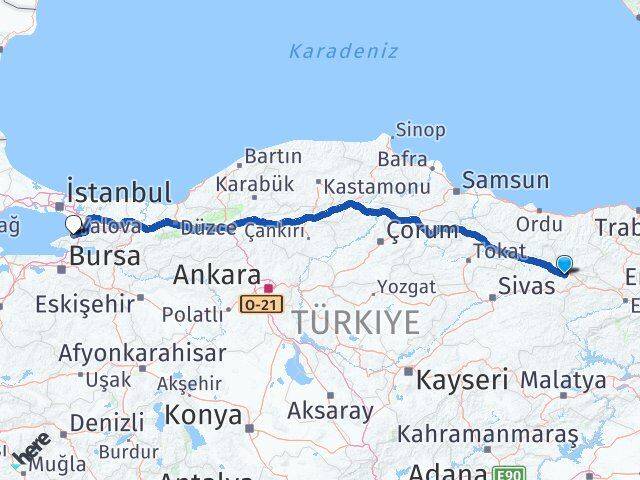 Sivas Akıncılar Yalova Arası Kaç Km - Yol Haritası