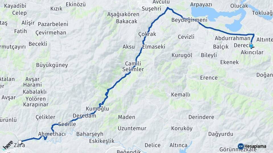 Sivas Akıncılar Zara Arası Kaç Km - Yol Haritası