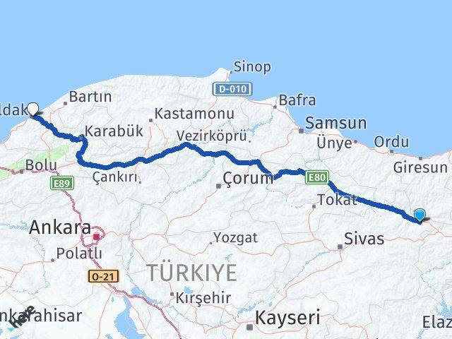 Sivas Akıncılar Zonguldak Arası Kaç Km - Yol Haritası