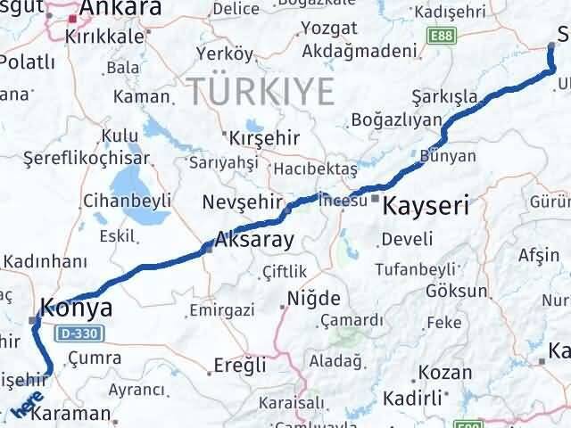 Sivas Akören Konya Arası Kaç Km - Yol Haritası