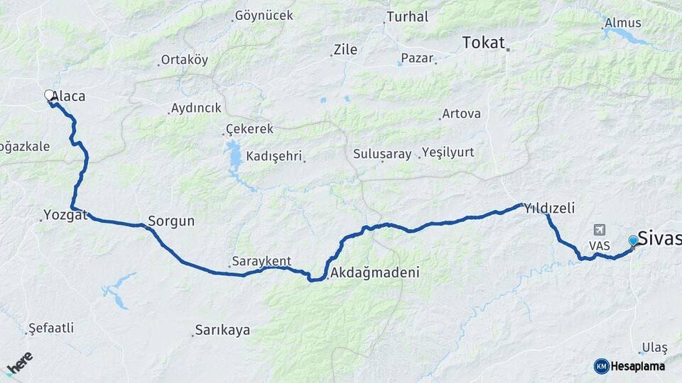 Sivas Alaca Çorum Arası Kaç Km - Yol Haritası