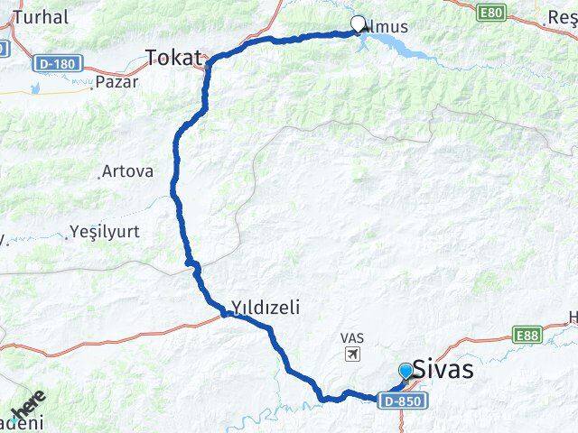 Sivas Almus Tokat Arası Kaç Km - Yol Haritası