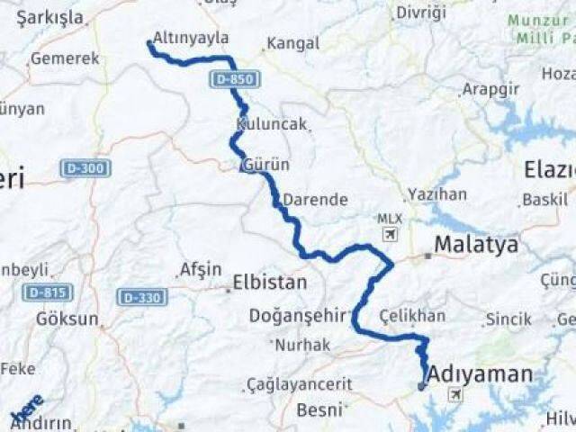 Sivas Altınyayla Adıyaman Arası Kaç Km - Yol Haritası