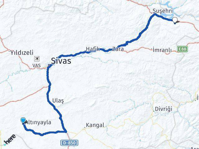Sivas Altınyayla Akıncılar Arası Kaç Km - Yol Haritası