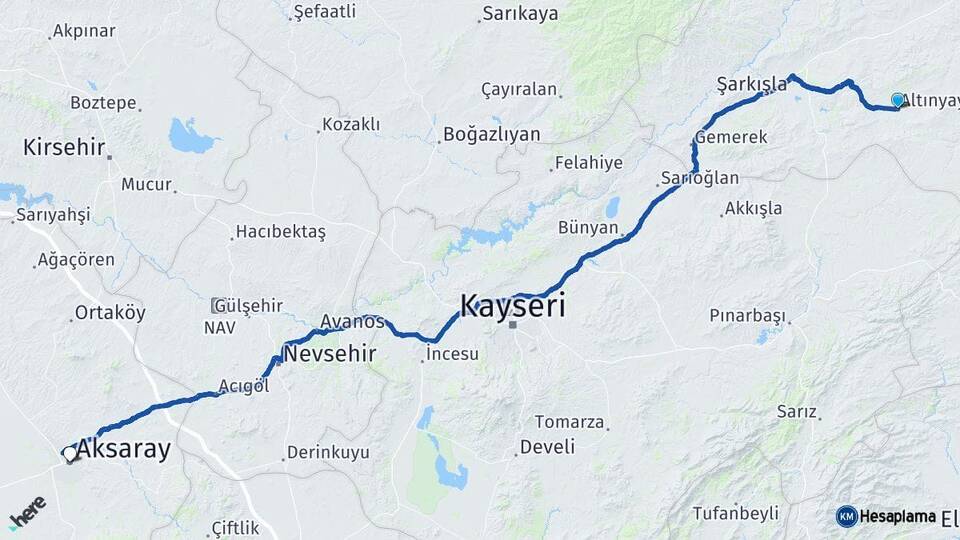 Sivas Altınyayla Aksaray Arası Kaç Km - Yol Haritası
