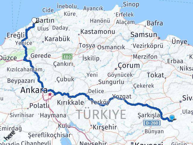 Sivas Altınyayla Bartın Arası Kaç Km - Yol Haritası