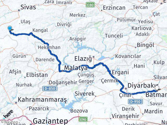 Sivas Altınyayla Batman Arası Kaç Km - Yol Haritası