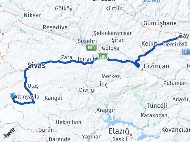Sivas Altınyayla Bayburt Arası Kaç Km - Yol Haritası