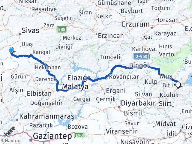 Sivas Altınyayla Bitlis Arası Kaç Km - Yol Haritası