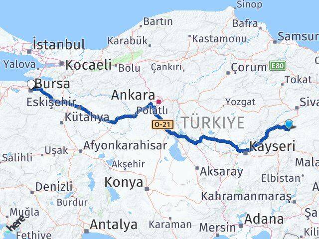Sivas Altınyayla Bursa Arası Kaç Km - Yol Haritası