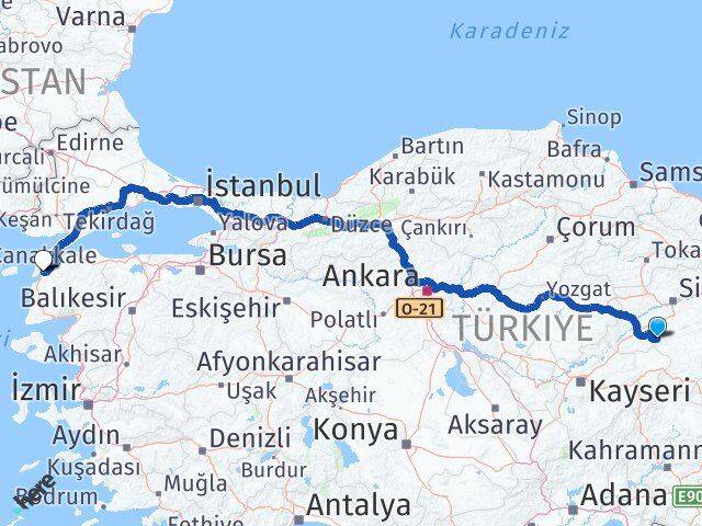 Sivas Altınyayla Çanakkale Arası Kaç Km - Yol Haritası