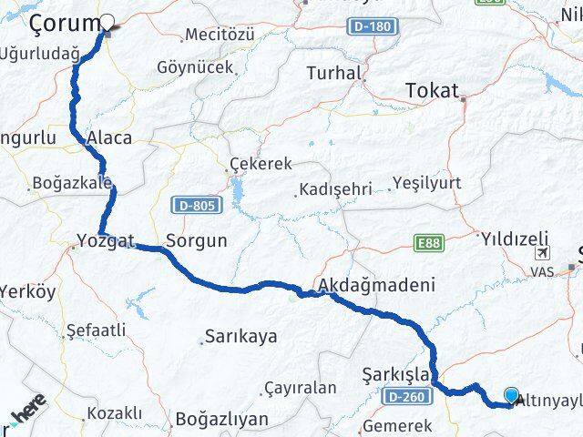 Sivas Altınyayla Çorum Arası Kaç Km - Yol Haritası