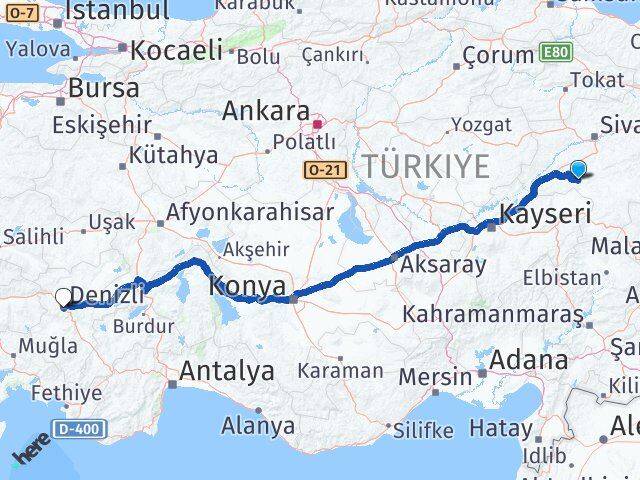Sivas Altınyayla Denizli Arası Kaç Km - Yol Haritası