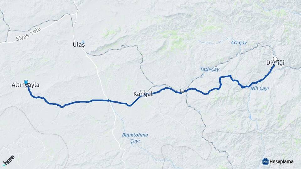 Sivas Altınyayla Divriği Arası Kaç Km - Yol Haritası