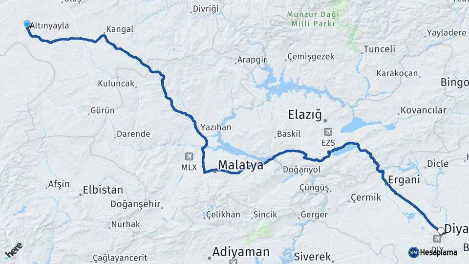 Sivas Altınyayla Diyarbakır Arası Kaç Km - Yol Haritası