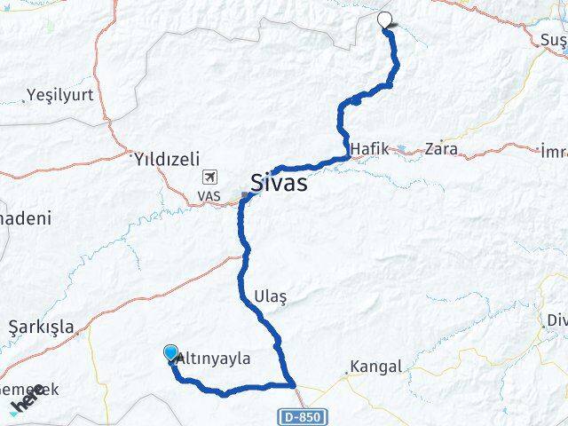 Sivas Altınyayla Doğanşar Arası Kaç Km - Yol Haritası