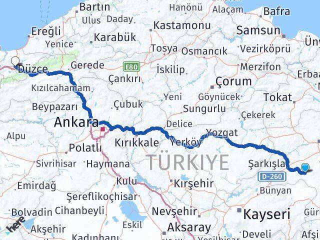 Sivas Altınyayla Düzce Arası Kaç Km - Yol Haritası