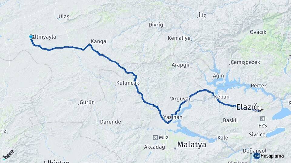 Sivas Altınyayla Elazığ Arası Kaç Km - Yol Haritası