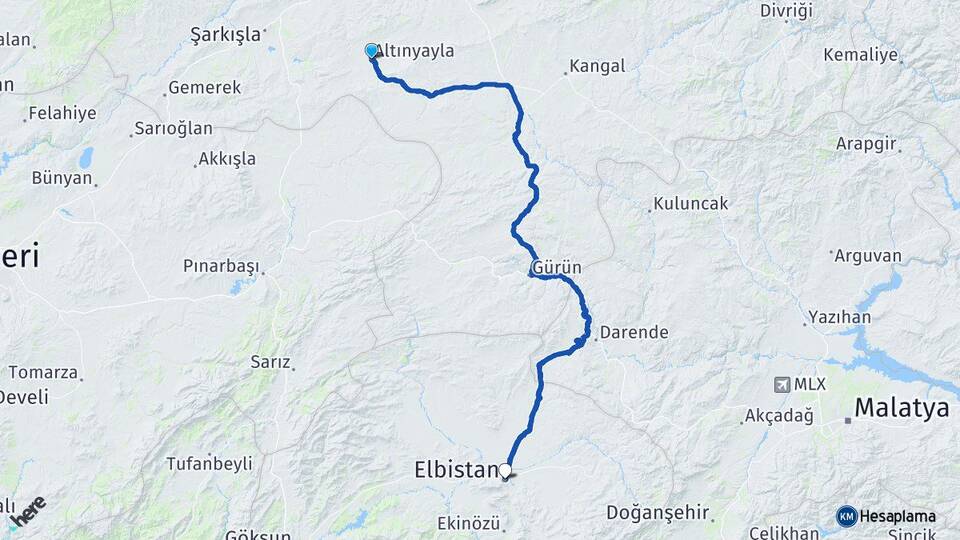 Sivas Altınyayla Elbistan Kahramanmaraş Arası Kaç Km - Yol Haritası