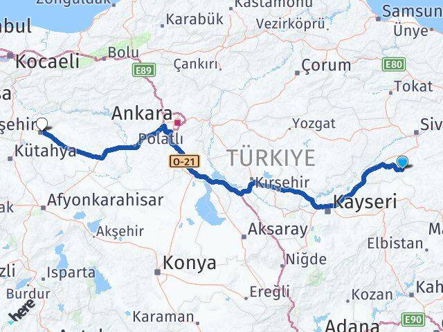 Sivas Altınyayla Eskişehir Arası Kaç Km - Yol Haritası