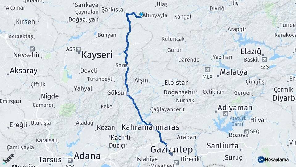 Sivas Altınyayla Gaziantep Arası Kaç Km - Yol Haritası