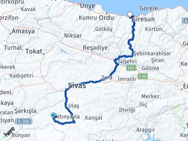 Sivas Altınyayla Giresun Arası Kaç Km - Yol Haritası