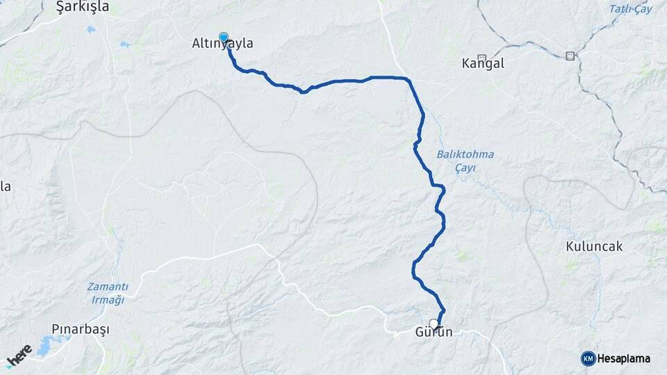 Sivas Altınyayla Gürün Arası Kaç Km - Yol Haritası