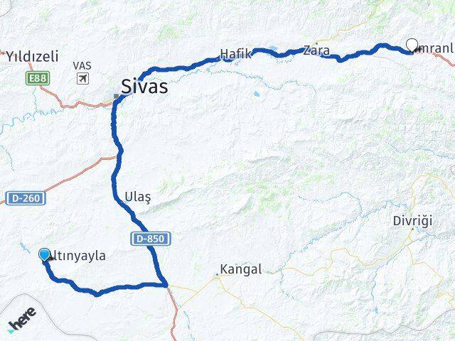 Sivas Altınyayla İmranlı Arası Kaç Km - Yol Haritası