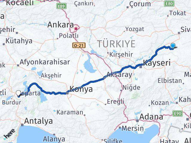 Sivas Altınyayla Isparta Arası Kaç Km - Yol Haritası